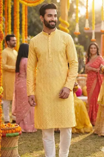 Men’s heavy rayon yellow embroidered kurta with cotton pyjama