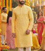 Men   s heavy rayon yellow embroidered kurta with cotton pyjama