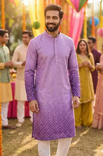 Men   s heavy rayon purple embroidered kurta with cotton pyjama