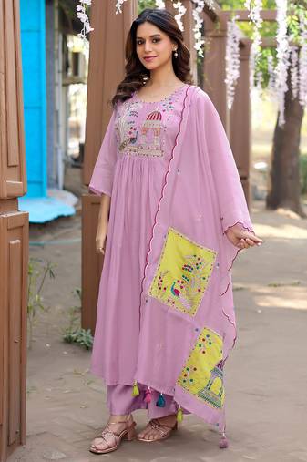 Women Ethnic Motifs Embroidered  Thread Work Chanderi  Kurta with Palazzos &  Dupatta