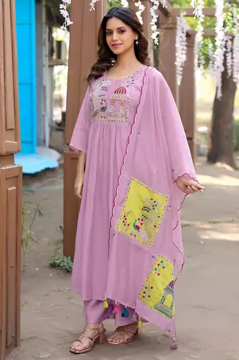 Women Ethnic Motifs Embroidered  Thread Work Chanderi  Kurta with Palazzos &  Dupatta