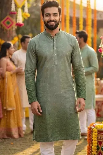 Men   s heavy rayon mehandi green embroidered kurta with cotton pyjama