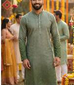 Men   s heavy rayon mehandi green embroidered kurta with cotton pyjama