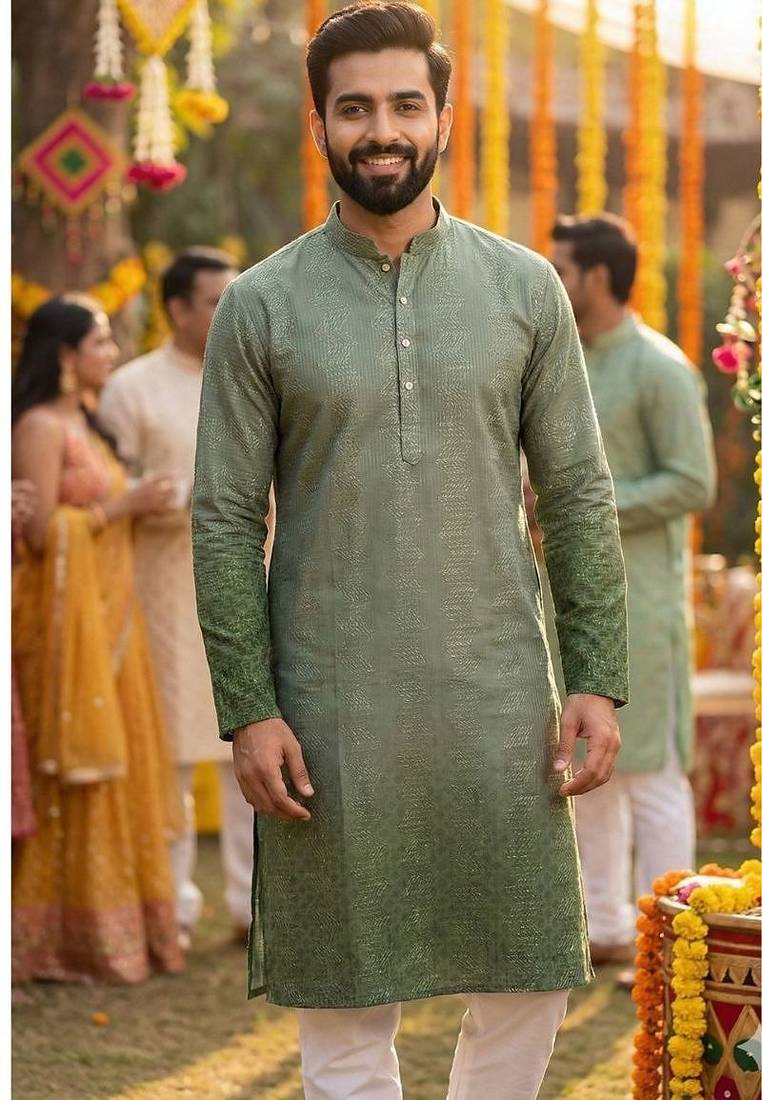 Men   s heavy rayon mehandi green embroidered kurta with cotton pyjama
