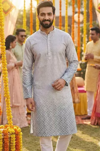 Men   s heavy rayon grey embroidered kurta with cotton pyjama