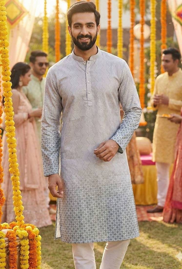 Men   s heavy rayon grey embroidered kurta with cotton pyjama