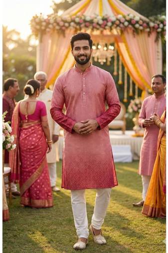 Men   s heavy rayon pink embroidered kurta with cotton pyjama