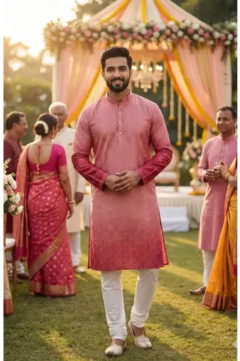 Men   s heavy rayon pink embroidered kurta with cotton pyjama