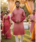 Men   s heavy rayon pink embroidered kurta with cotton pyjama