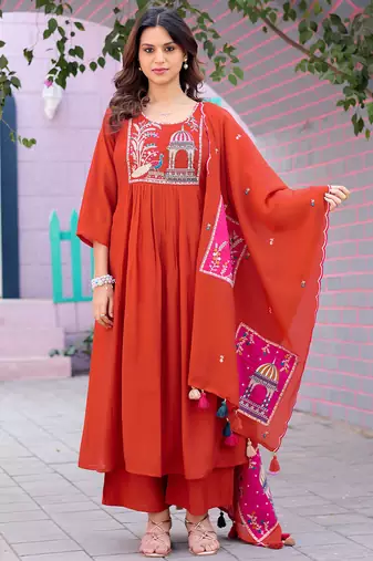Women Ethnic Motifs Embroidered  Thread Work Chanderi  Kurta with Palazzos &  Dupatta