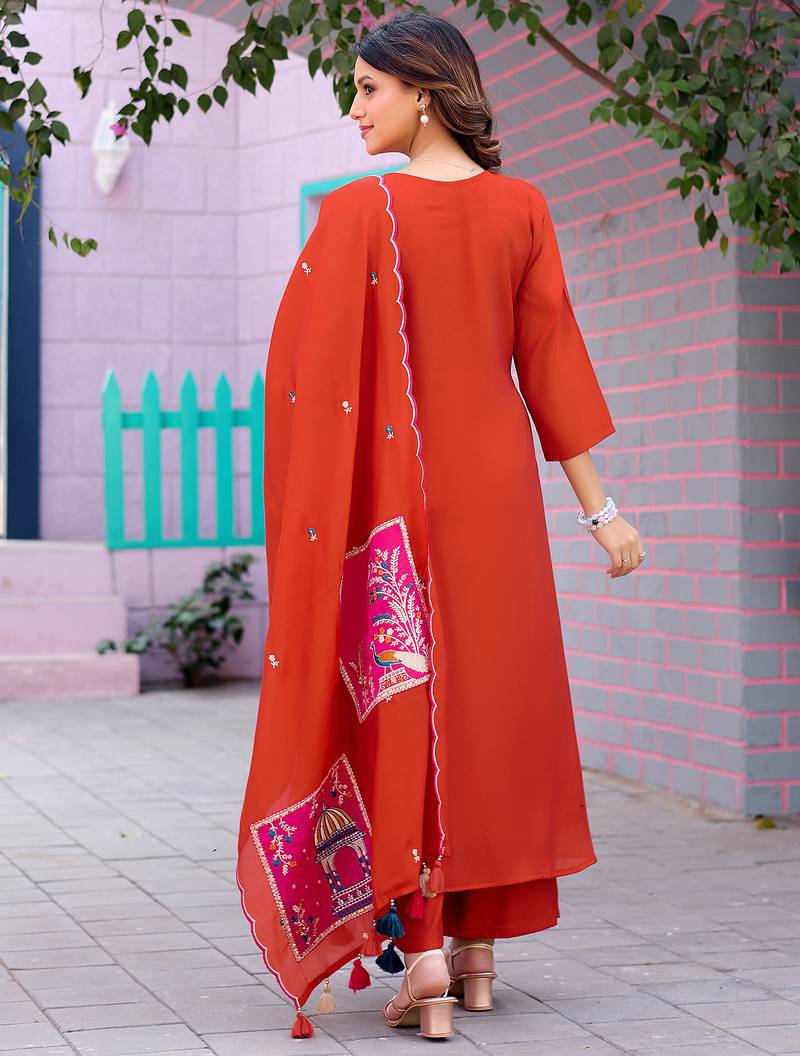 Women Ethnic Motifs Embroidered  Thread Work Chanderi  Kurta with Palazzos &  Dupatta
