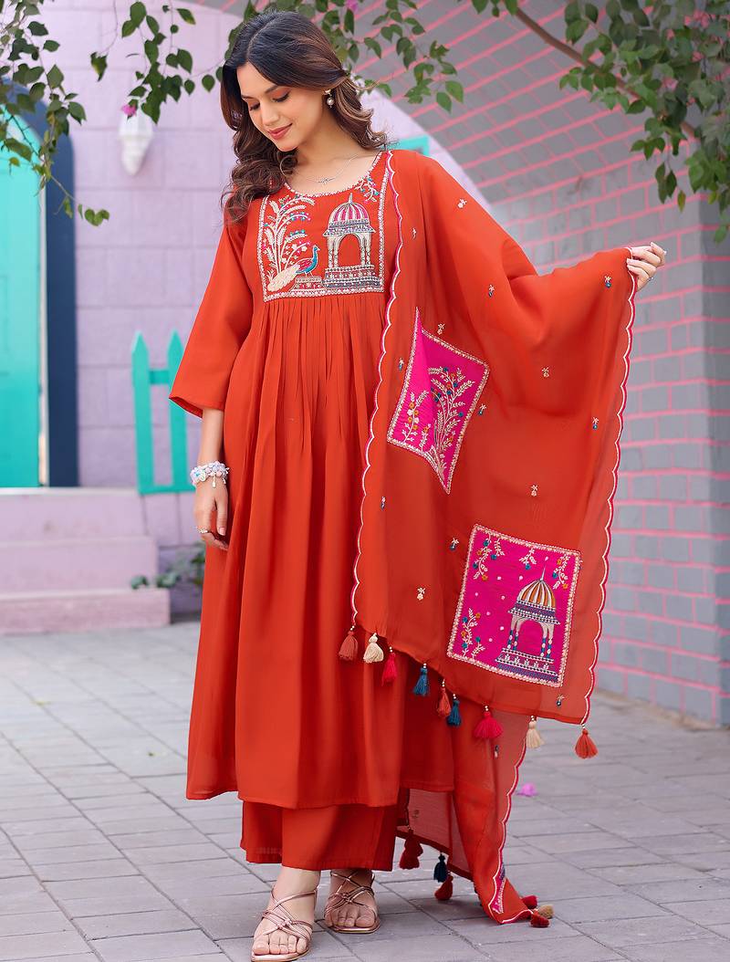 Women Ethnic Motifs Embroidered  Thread Work Chanderi  Kurta with Palazzos &  Dupatta