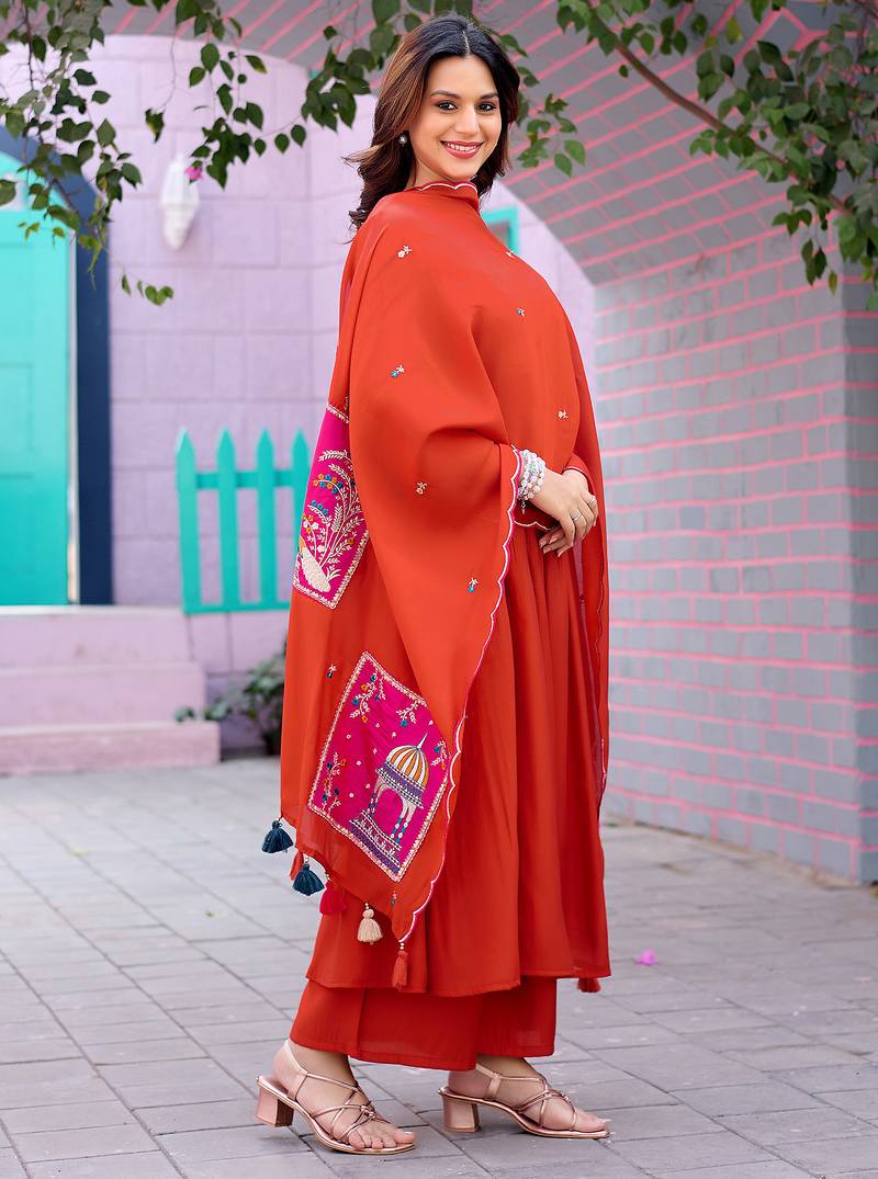 Women Ethnic Motifs Embroidered  Thread Work Chanderi  Kurta with Palazzos &  Dupatta