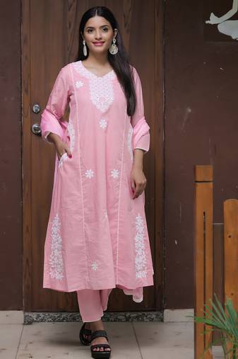pink thread cotton satin flared kurta pant and dupatta set