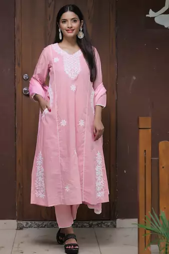 pink thread cotton satin flared kurta pant and dupatta set