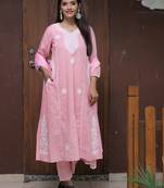 pink thread cotton satin flared kurta pant and dupatta set