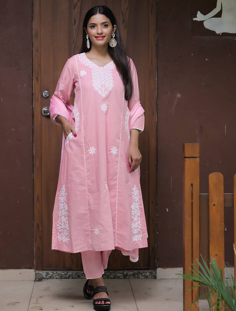pink thread cotton satin flared kurta pant and dupatta set