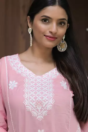 pink thread cotton satin flared kurta pant and dupatta set