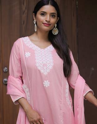 pink thread cotton satin flared kurta pant and dupatta set 3