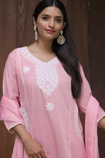pink thread cotton satin flared kurta pant and dupatta set