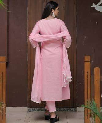 pink thread cotton satin flared kurta pant and dupatta set 4