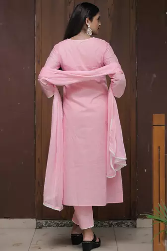 pink thread cotton satin flared kurta pant and dupatta set