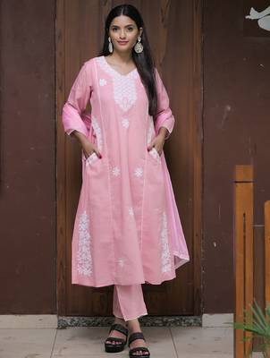 pink thread cotton satin flared kurta pant and dupatta set 5