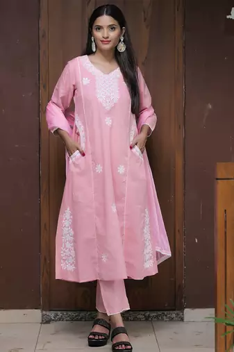 pink thread cotton satin flared kurta pant and dupatta set