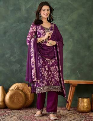 purple embroidered chinon silk straight kurta pant and dupatta set 1