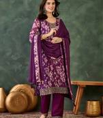purple embroidered chinon silk straight kurta pant and dupatta set