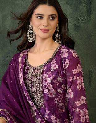 purple embroidered chinon silk straight kurta pant and dupatta set 2