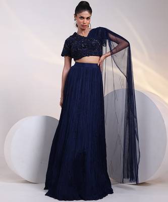 blue embroidered chiffon lehenga set 1