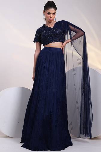 blue embroidered chiffon lehenga set