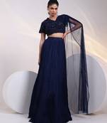 blue embroidered chiffon lehenga set