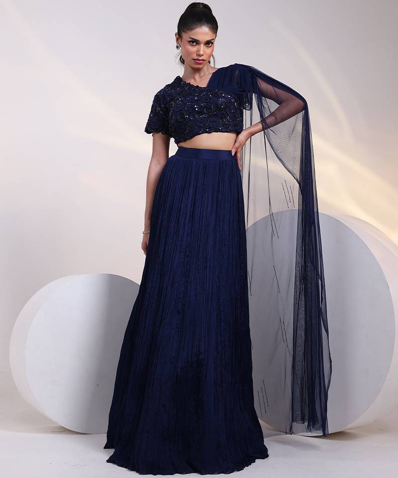 blue embroidered chiffon lehenga set