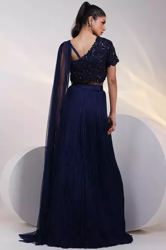 blue embroidered chiffon lehenga set