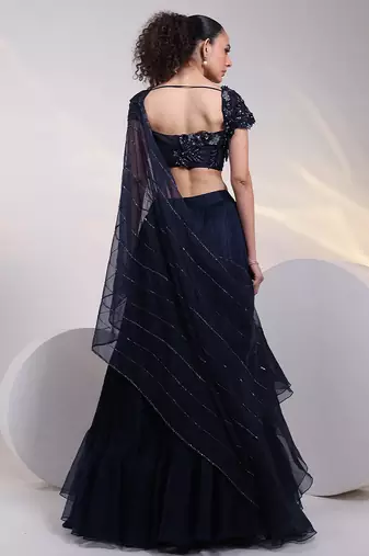 blue embroidered chiffon lehenga set