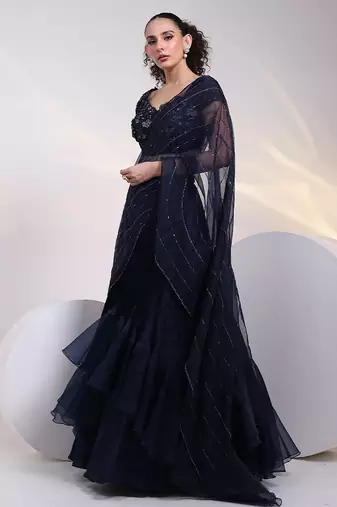 blue embroidered chiffon lehenga set