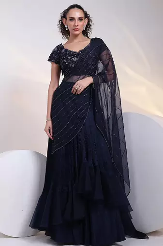 blue embroidered chiffon lehenga set