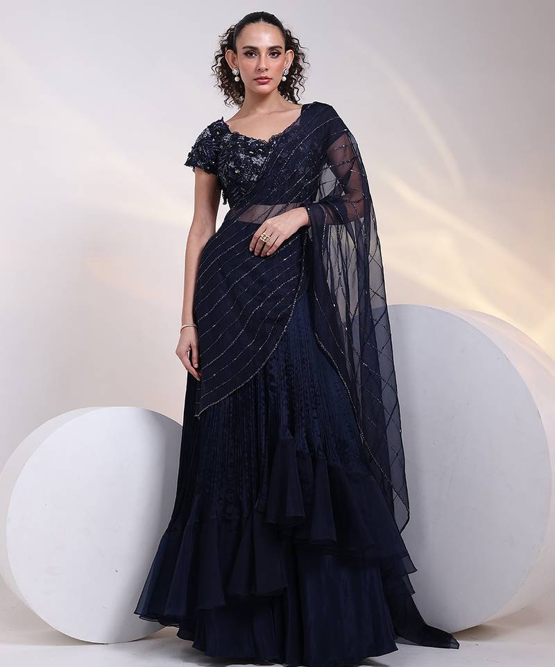 blue embroidered chiffon lehenga set