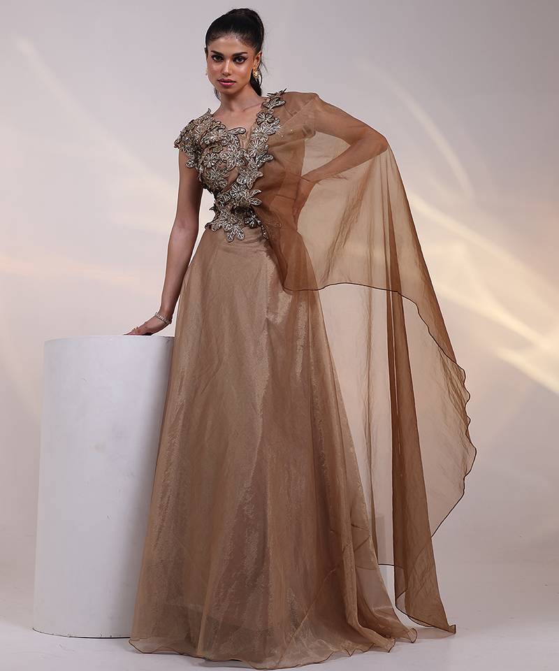 gold embroidered tissue lehenga set