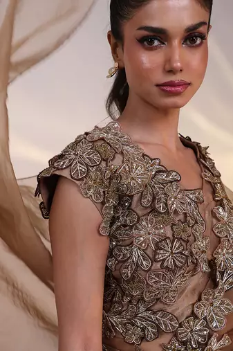 gold embroidered tissue lehenga set