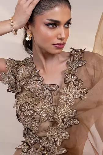 gold embroidered tissue lehenga set