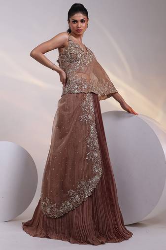 brown embroidered chiffon lehenga set