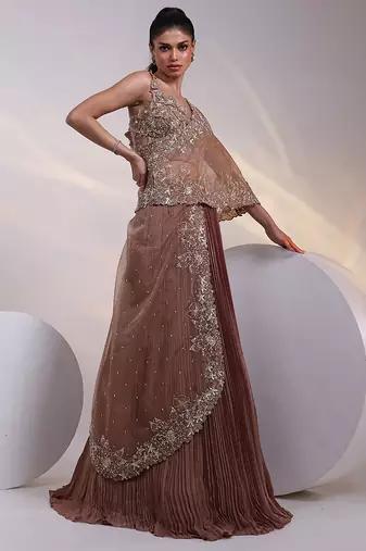 brown embroidered chiffon lehenga set