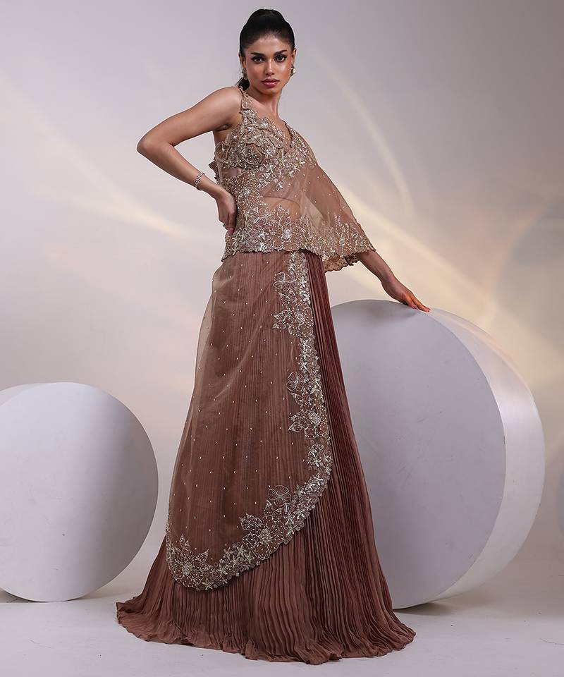 brown embroidered chiffon lehenga set