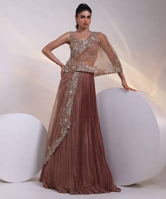 brown embroidered chiffon lehenga set 3