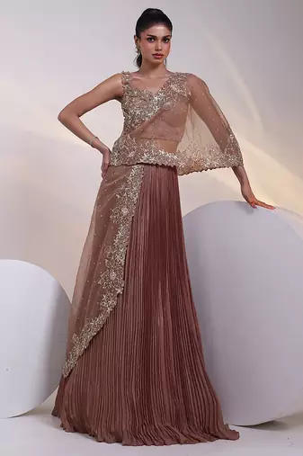 brown embroidered chiffon lehenga set
