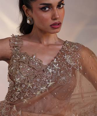 brown embroidered chiffon lehenga set 4