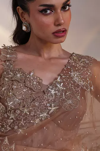 brown embroidered chiffon lehenga set
